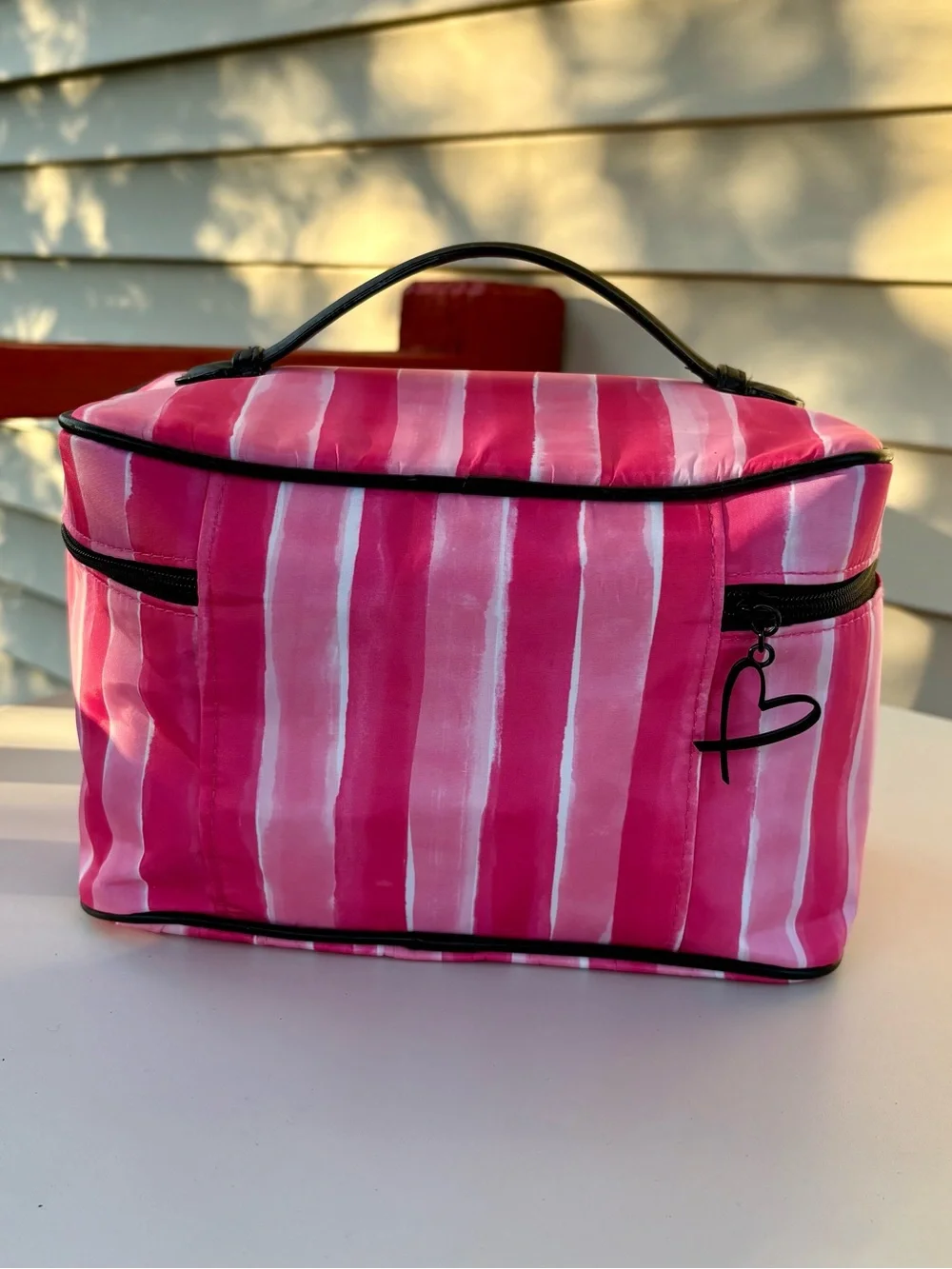Victoria's Secret Large Pink Striped Cosmetic Case with Black Logo